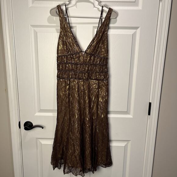 BCBGMAXAZRIA Beaded Lace/Silk Dress Sz 8 Gold/Brown Sleeveless Cocktail Wedding - Picture 3 of 12